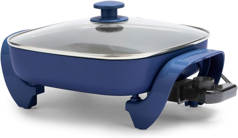 GreenLife مقلاة كهربائية مربعة 12" سعة 5QT، غطاء زجاجي مع فتحة تهوية، داخلية غير لاصقة مطلية بالسيراميك خالية من PFAS، تحكم في درجة الحرارة قابل للتعديل، مقابض باردة الملمس، تسخين سريع ومتساوي، مقاومة للخدش، زرقاء - Image 1